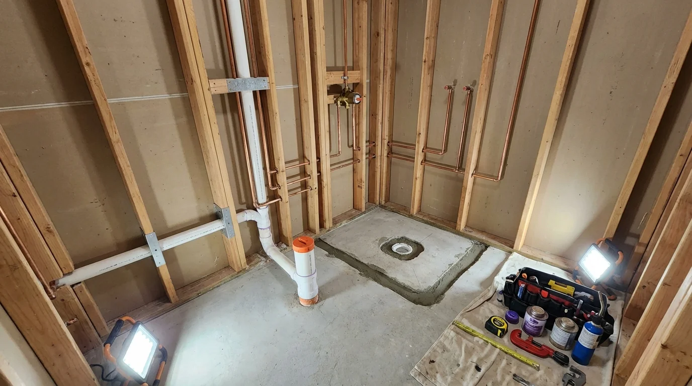 Bathroom rough-in plumbing during remodel by Johns Plumbing LLC in Peru