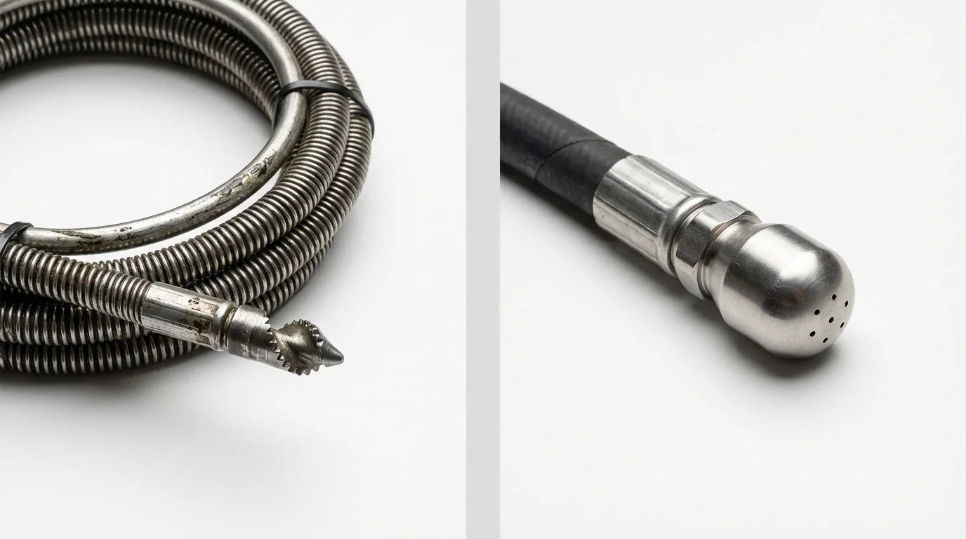 Drain snake cable and hydro jetting nozzle used for drain cleaning in Peru, IL