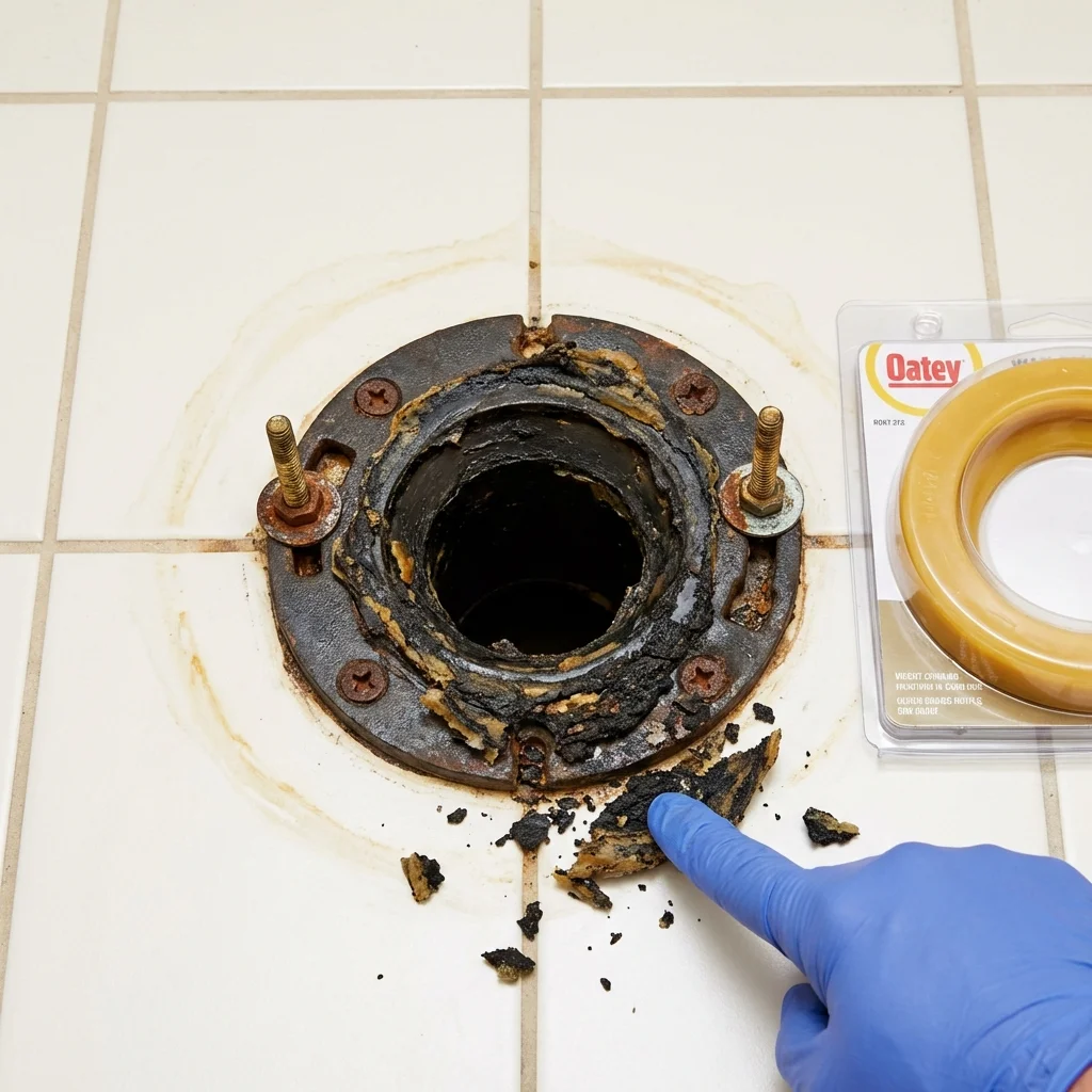 Failed wax ring showing water seepage at the base of a toilet in a Peru, IL home
